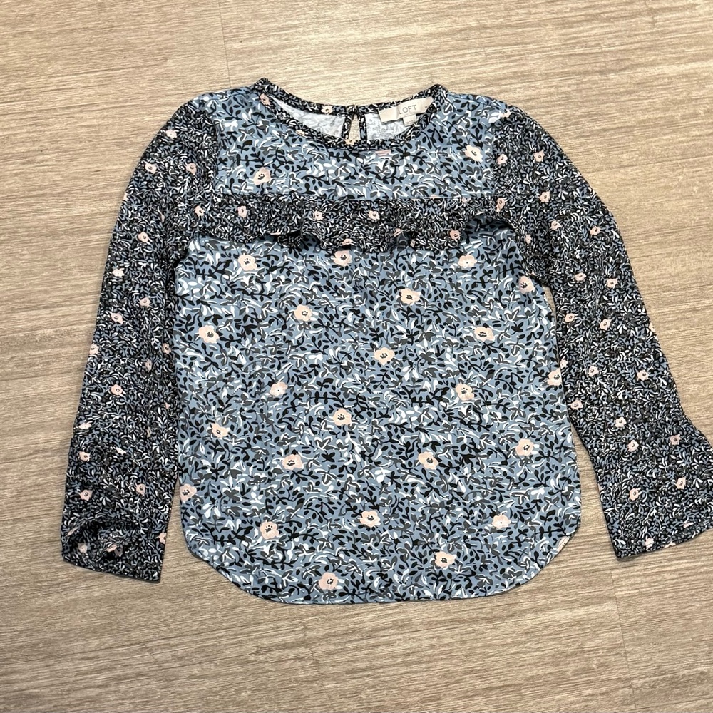 LOFT Floral Bell Sleeve Ruffle Multicolor Round Neck Blouse
